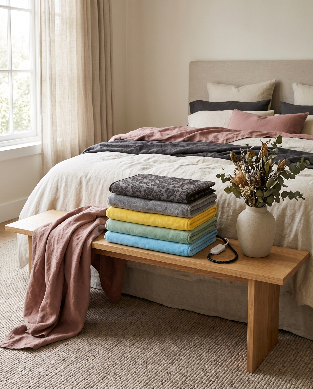 A stack of plush blankets in cream, taupe, grey and dusty rose