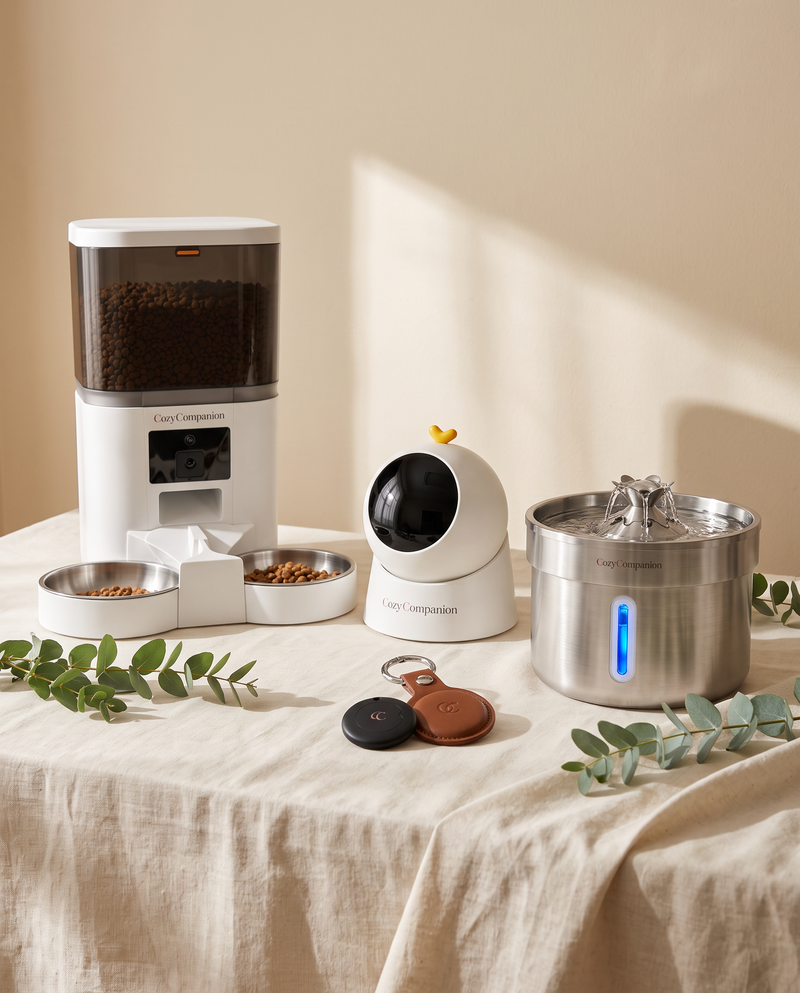Smart pet tech flat lay on cream linen