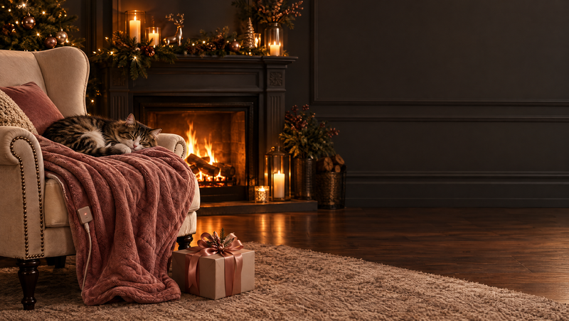 Cat sleeping on a heated blanket by the fireplace with a gift