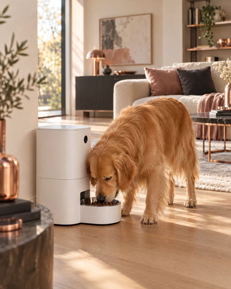 Golden retriever eating from the Smart Pet Feeder Camera in a bright living room