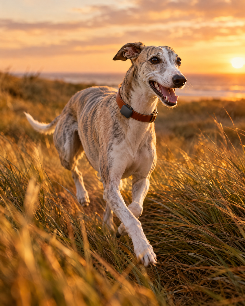 Whippet running in the dunes wearing the Smart Mini GPS Pet Tracker
