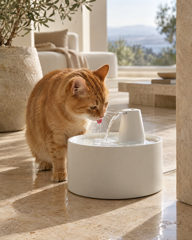 Ginger cat drinking from a flowing pet water fountain