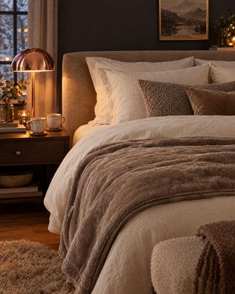 Elegant bedroom with a plush heated blanket on a double bed