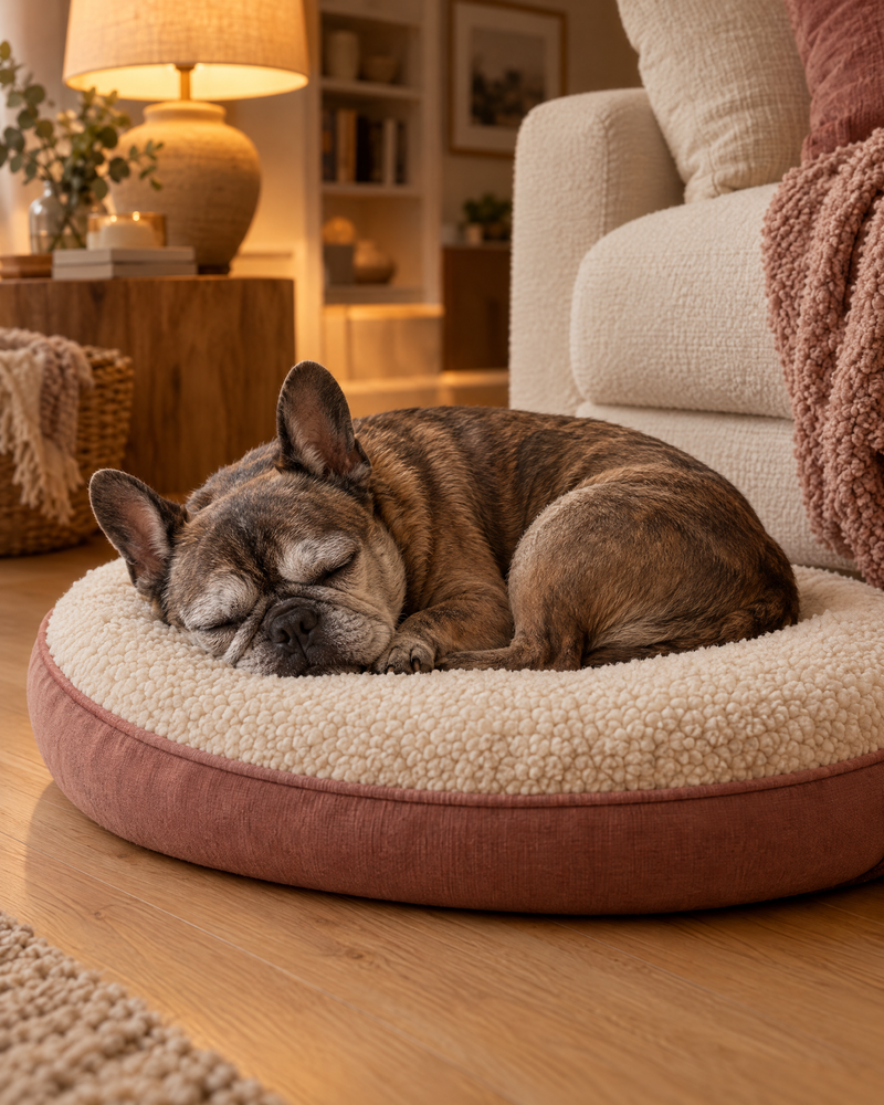 French bulldog asleep on the heated pet blanket