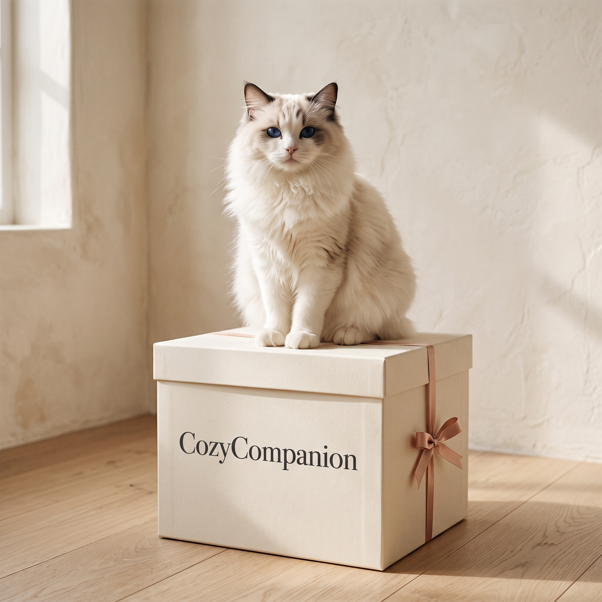 A Ragdoll cat on a CozyCompanion gift box