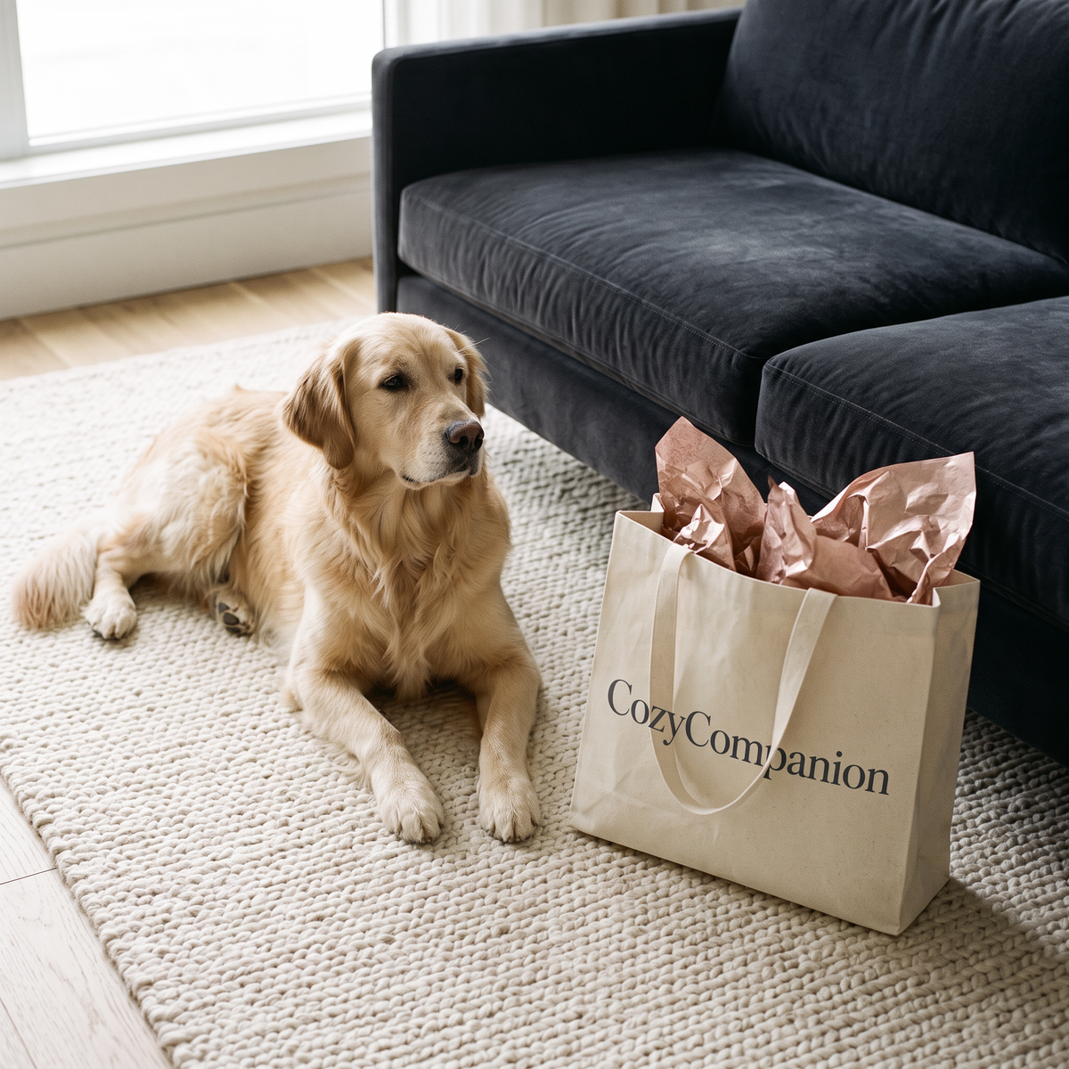 A golden retriever beside a CozyCompanion tote