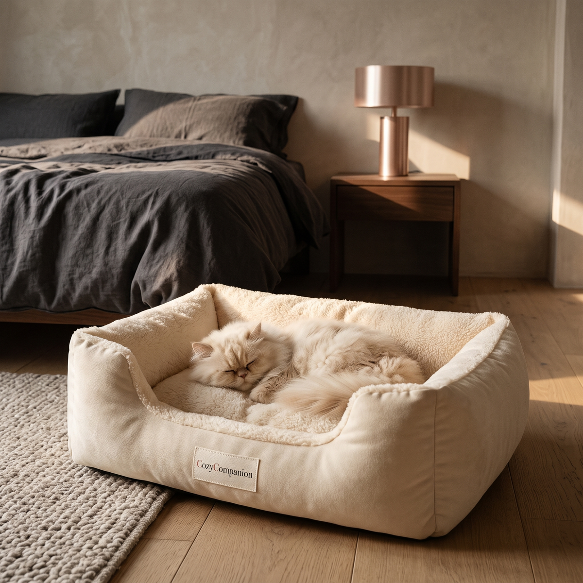 A cat asleep in a cream CozyCompanion bed