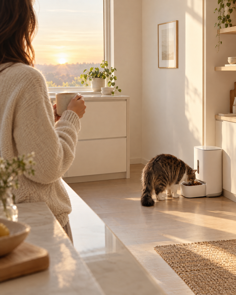 Morning coffee while a cat eats from an automatic feeder