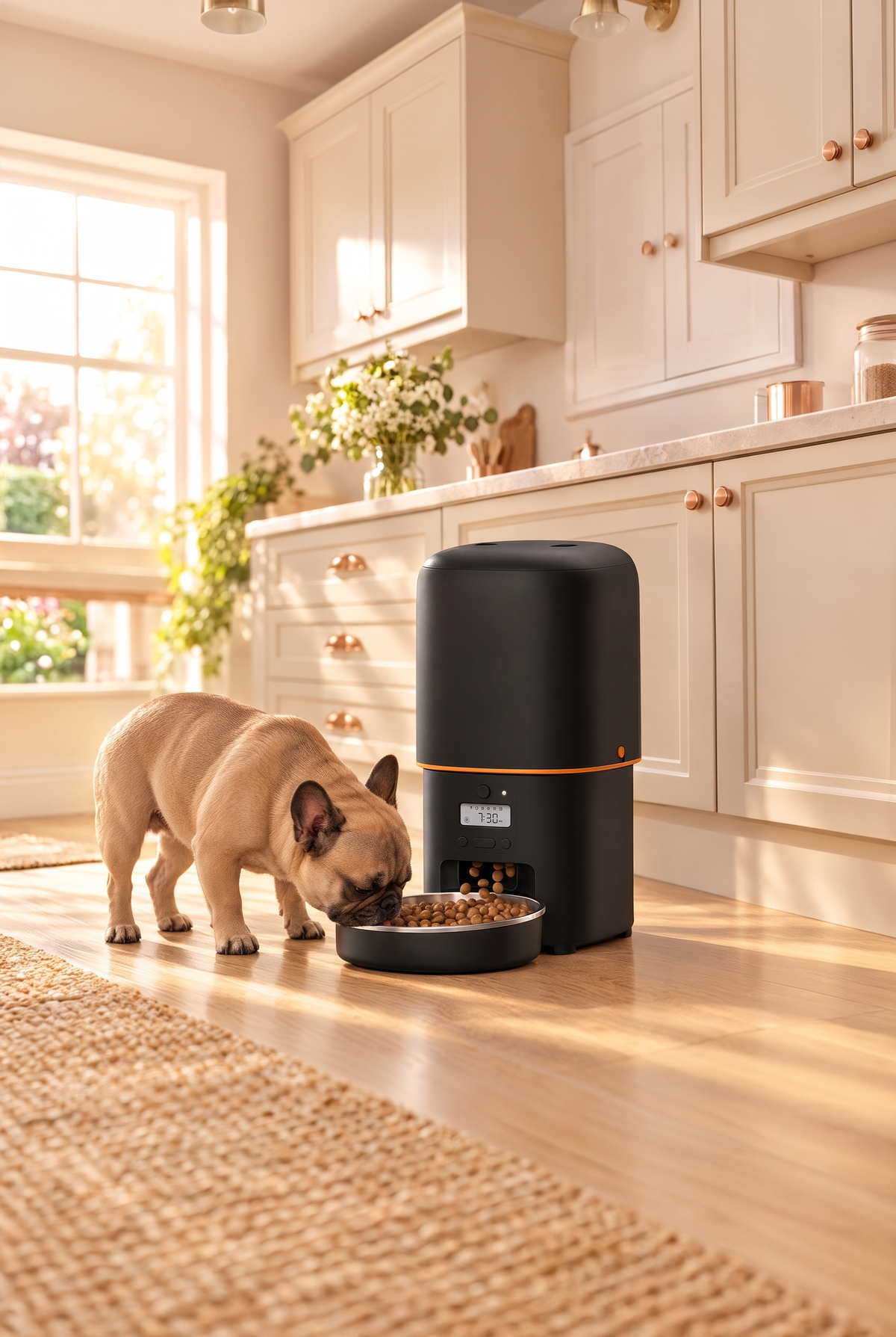 A French bulldog eating from the black automatic feeder