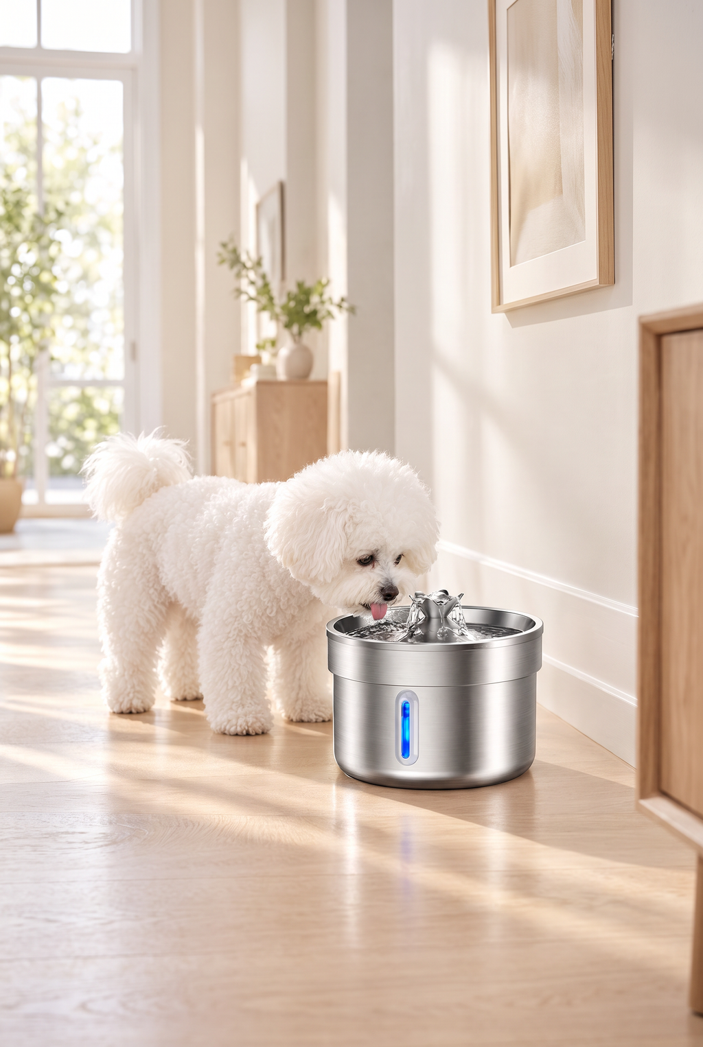 A small dog drinking from the stainless steel fountain