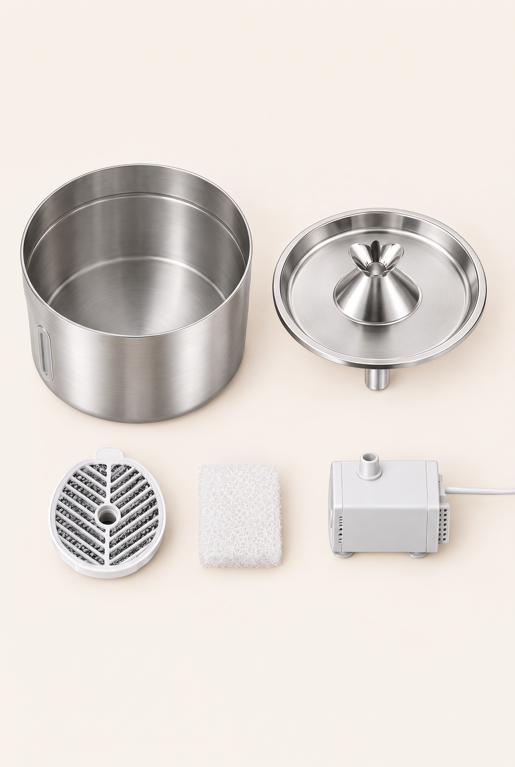 All parts of the stainless steel fountain including filters
