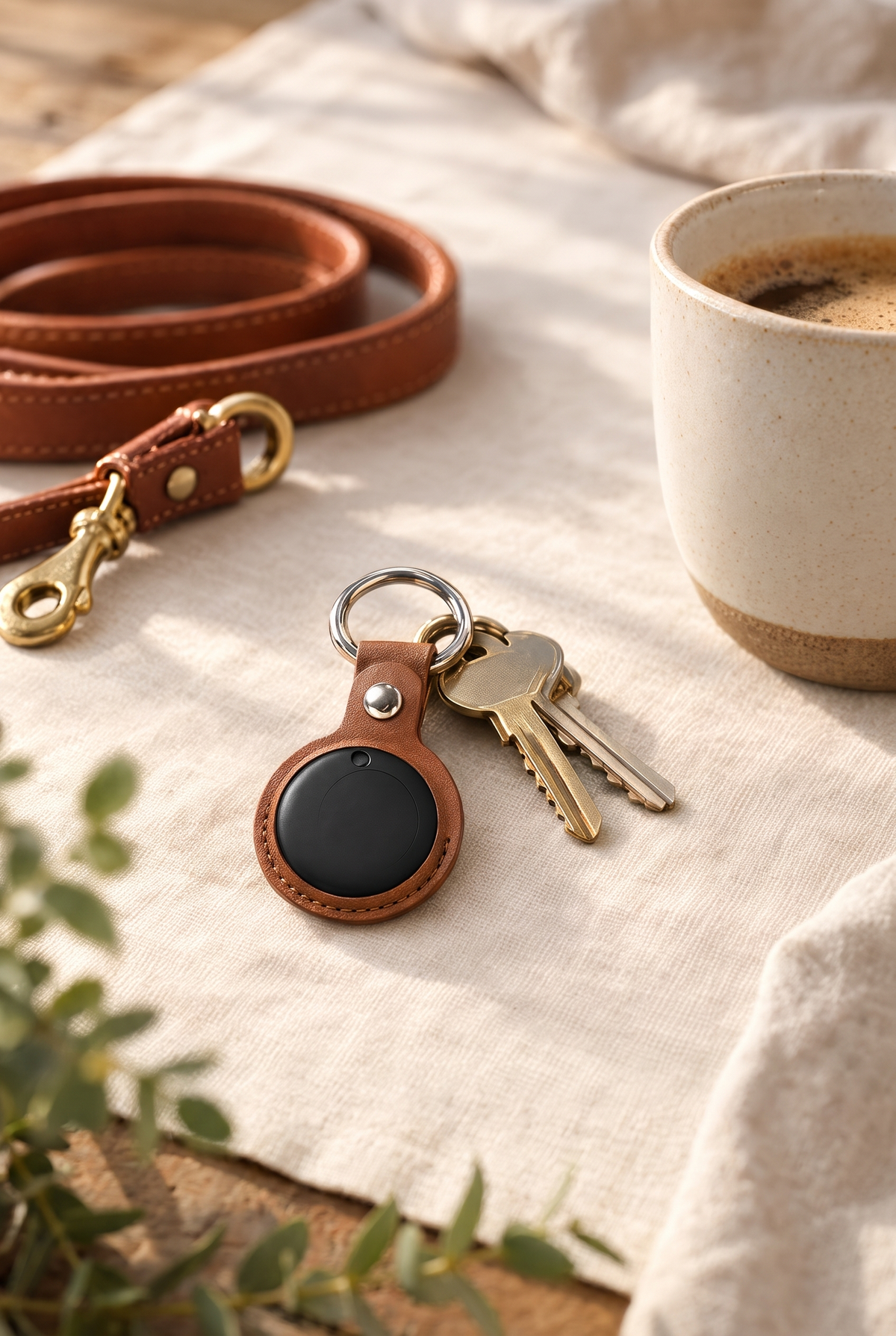 Compass Smart Tag in a brown leather case on a set of keys