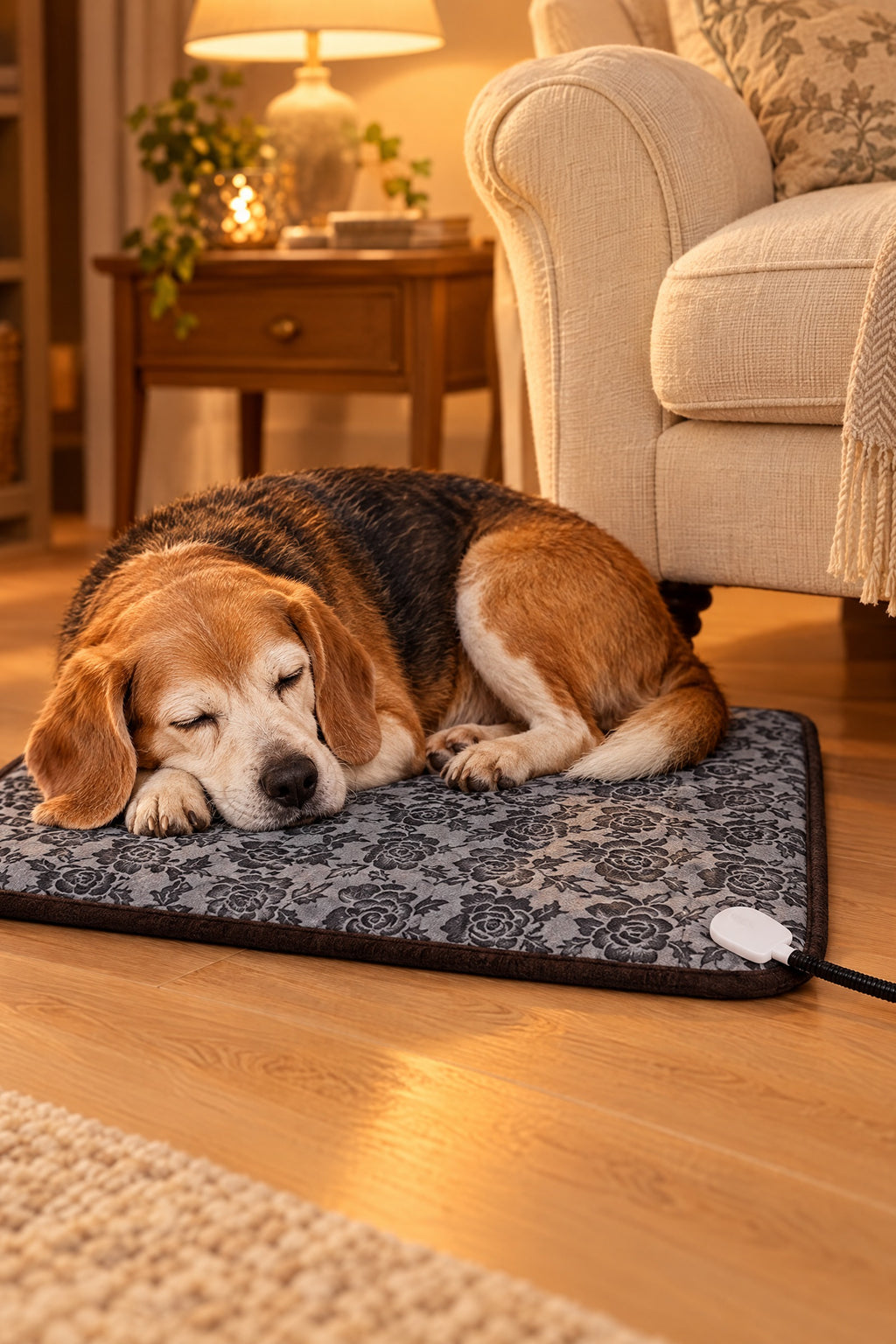 A senior beagle asleep on the Nestle Heated Pet Pad