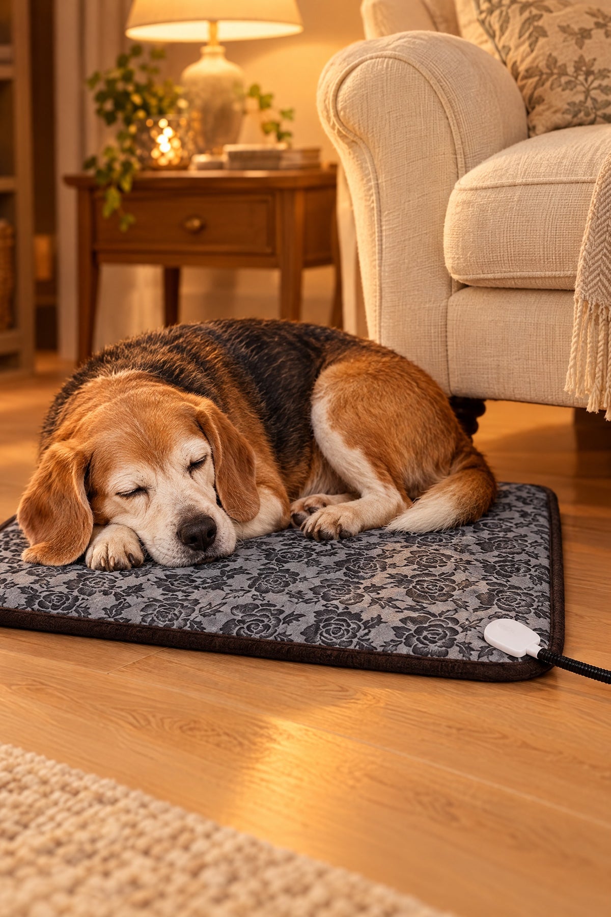 A senior beagle asleep on the Nestle Heated Pet Pad