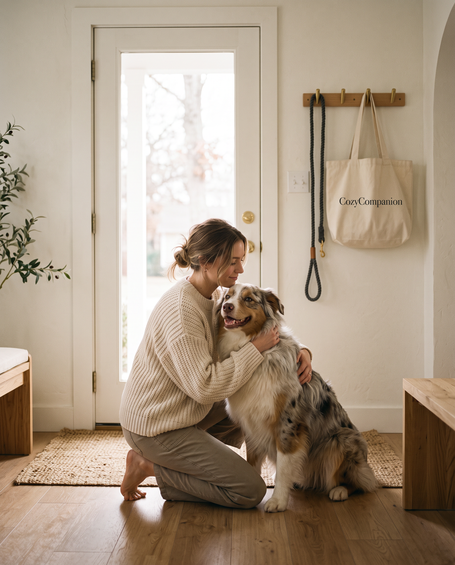 A woman hugging her Australian shepherd at the front door