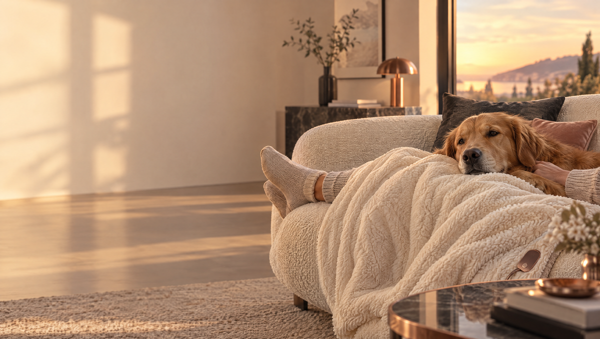 Cosy living room with a heated blanket and a golden retriever
