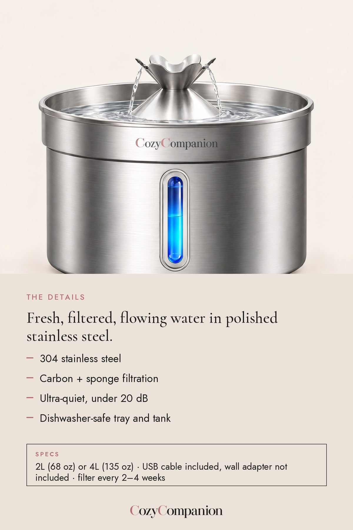 Brook Stainless Pet Fountain 2L / 4L: the details