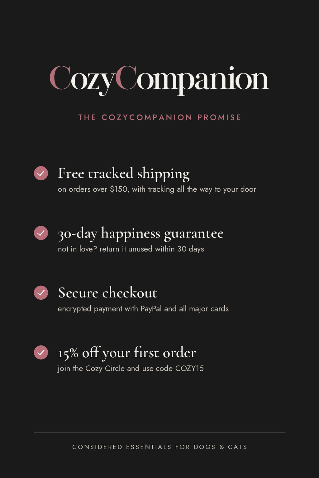 The CozyCompanion promise: free tracked shipping over $150, 30-day guarantee, secure checkout