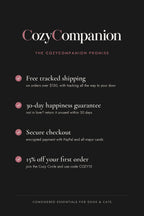 The CozyCompanion promise: free tracked shipping over $150, 30-day guarantee, secure checkout