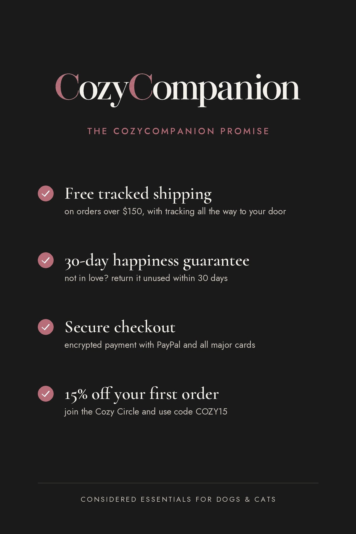 The CozyCompanion promise: free tracked shipping over $150, 30-day guarantee, secure checkout