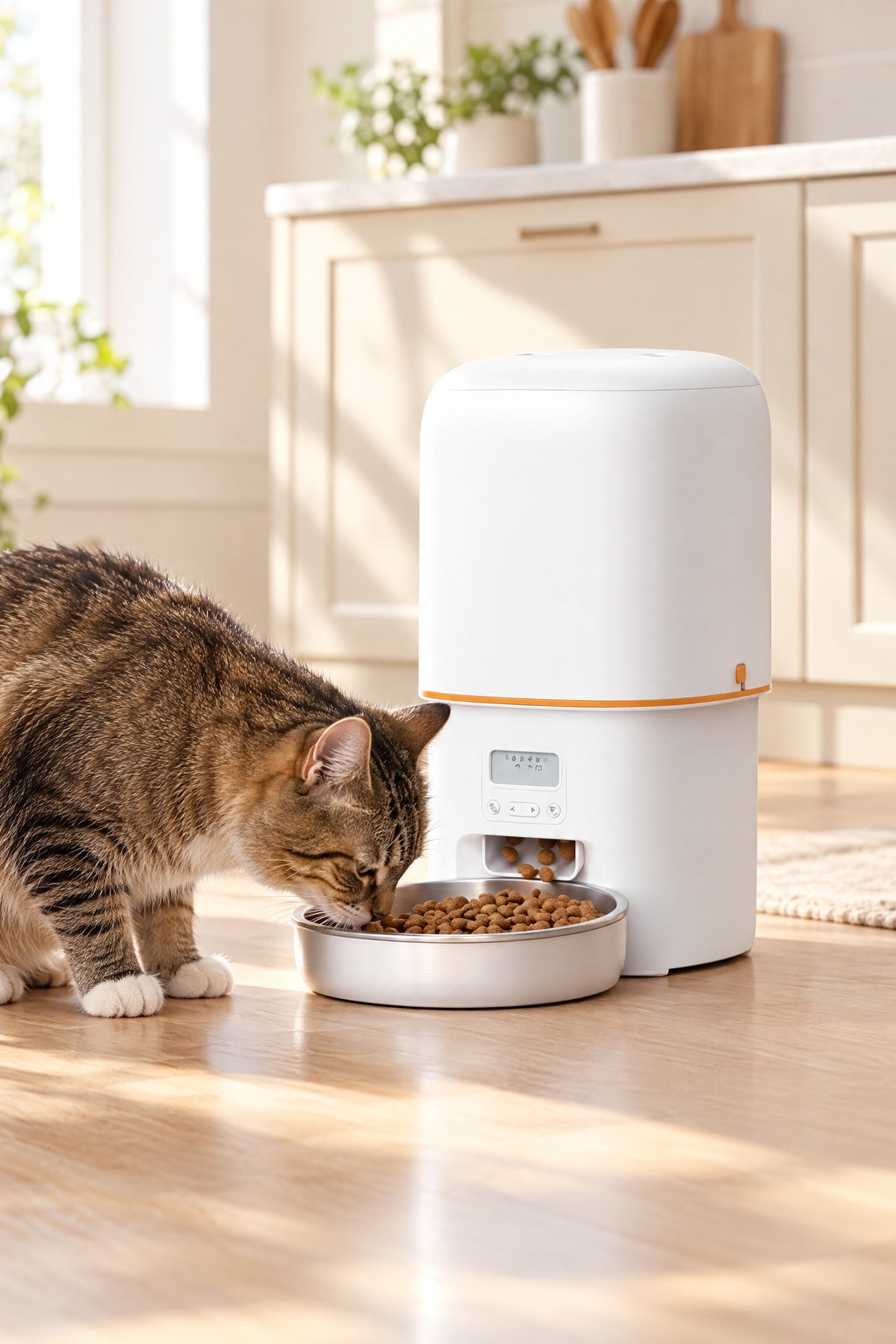A cat eating from the 4L automatic feeder