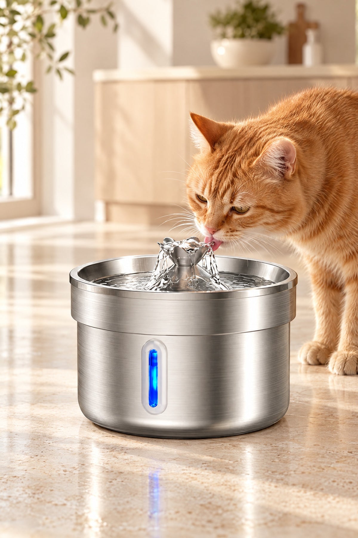 A cat drinking from the stainless steel fountain