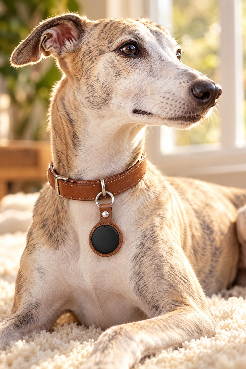 A whippet wearing the Compass Smart Tag in a leather case on its collar