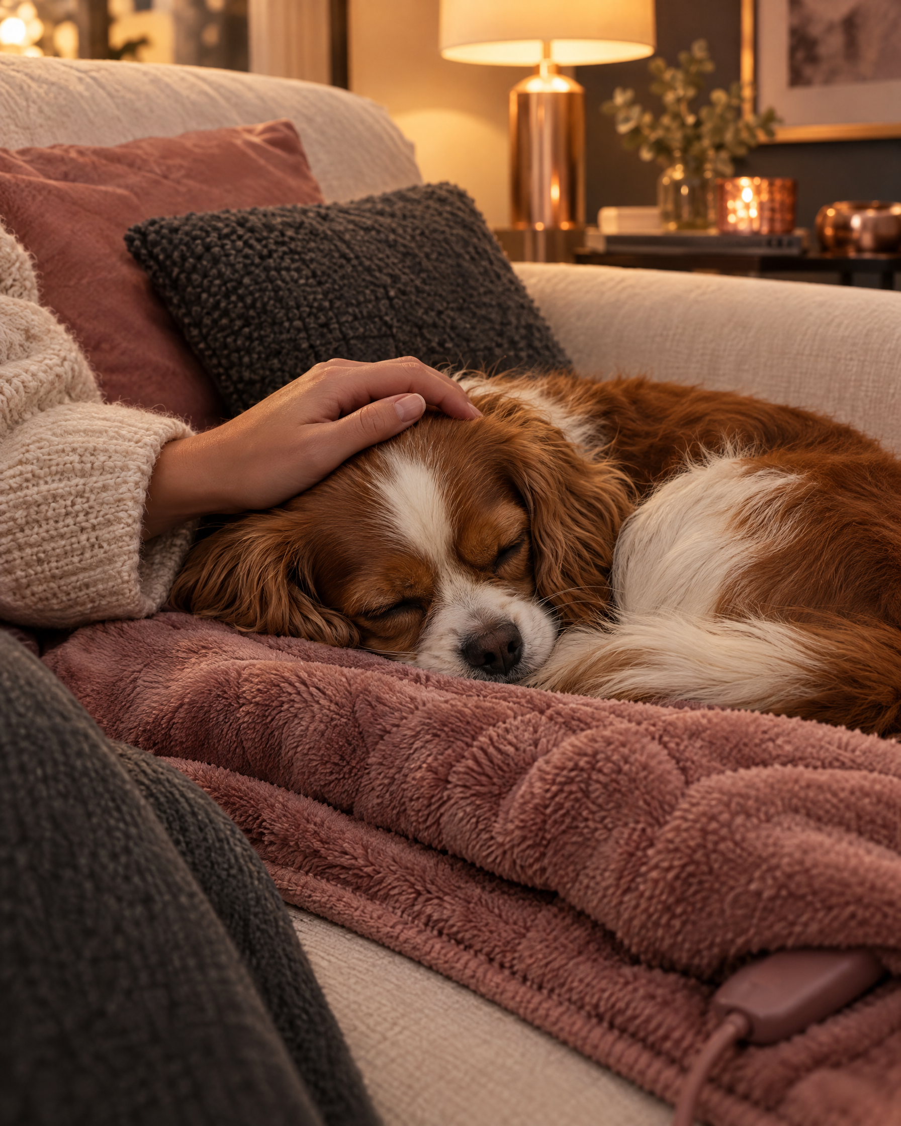 A hand resting on a small dog asleep on a heated blanket