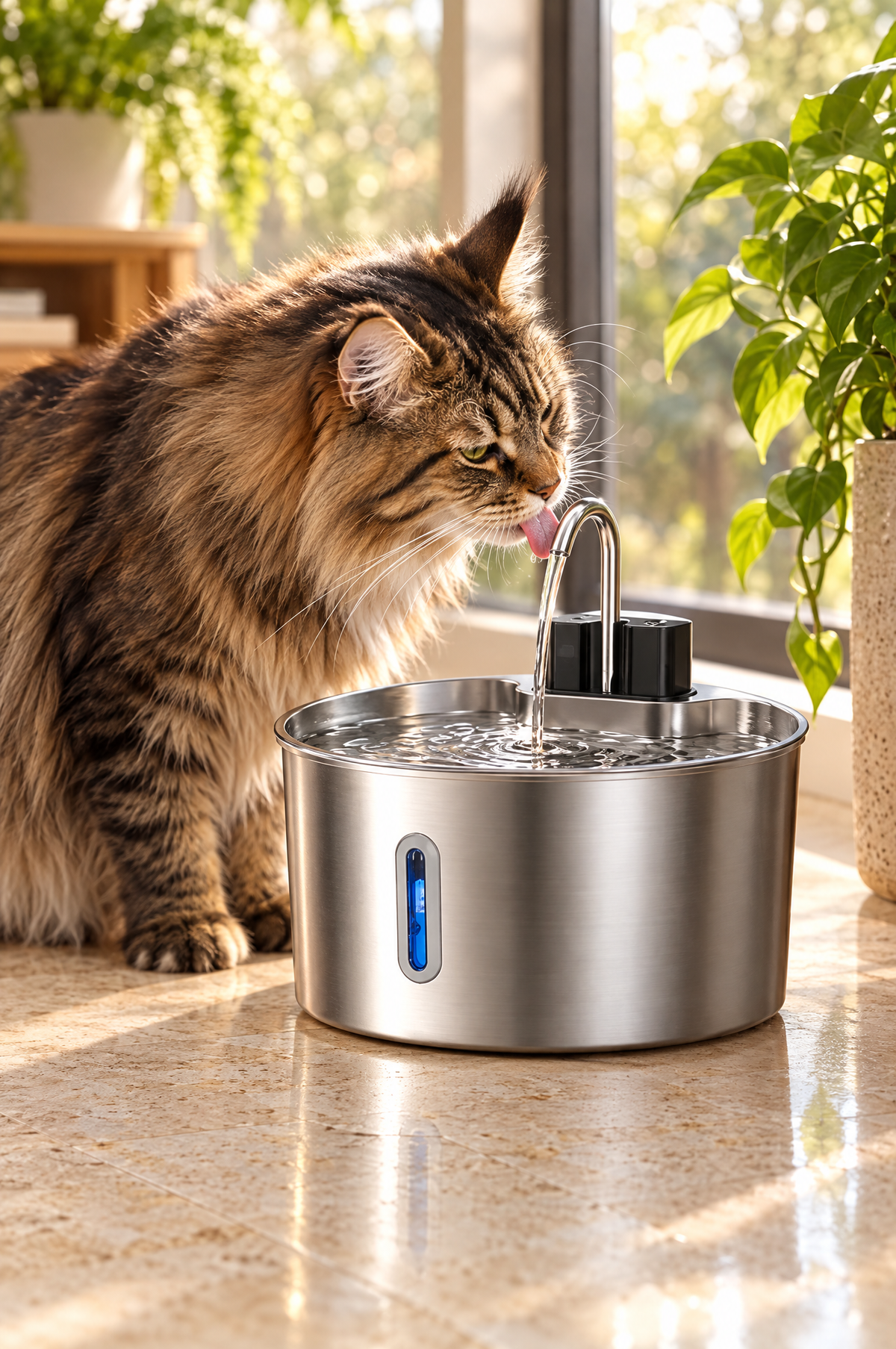 A Maine Coon drinking from the Brook XL fountain