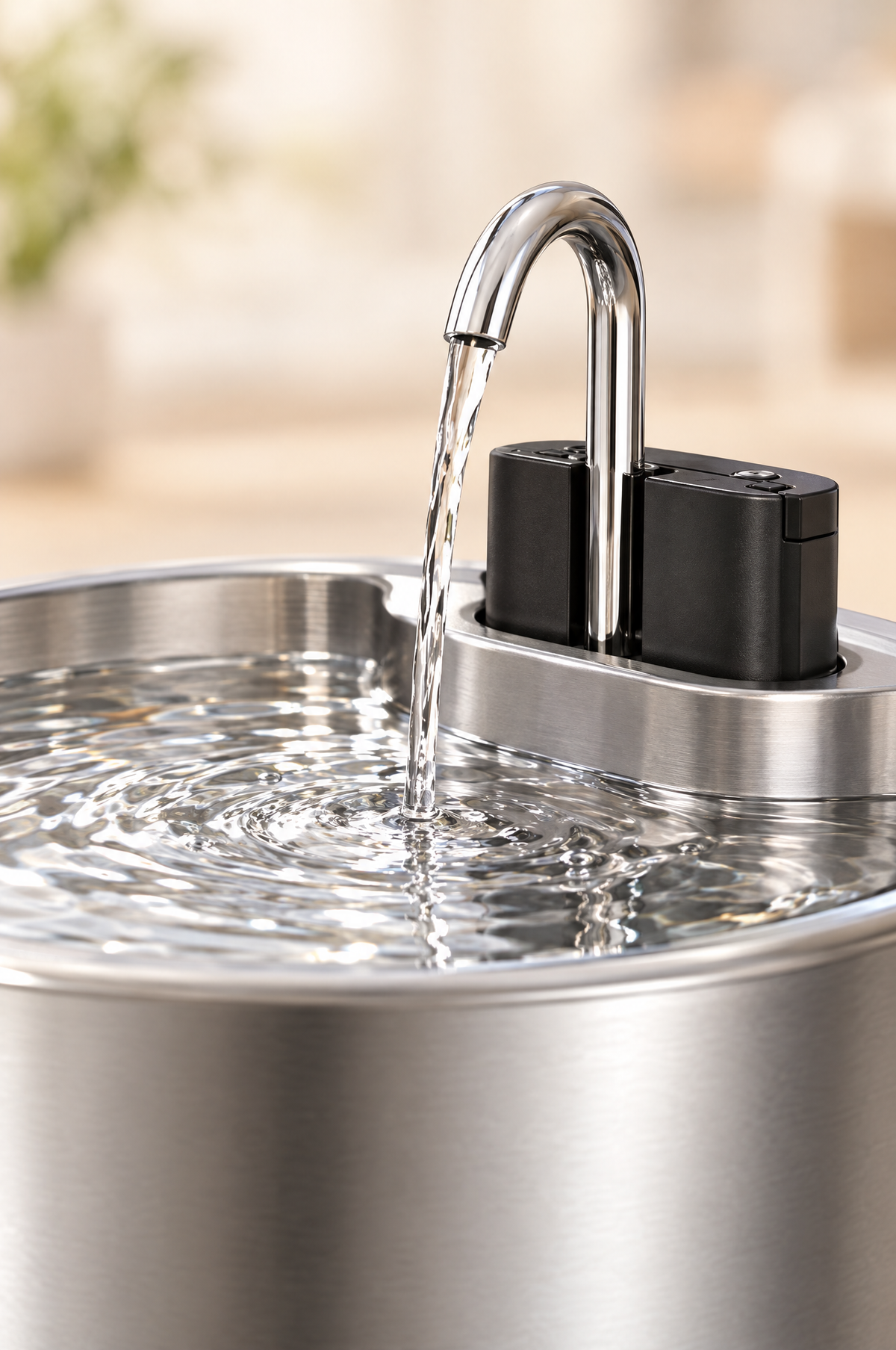Faucet and cordless pump module of the Brook XL fountain