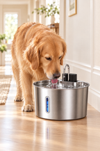 A golden retriever drinking from the Brook XL fountain