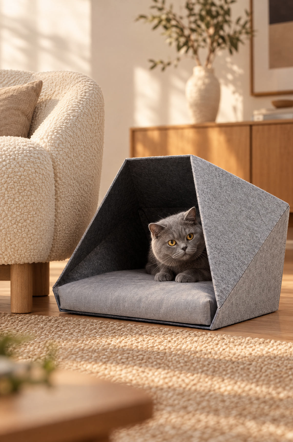 A cat peeking out of the Haven Pet Den