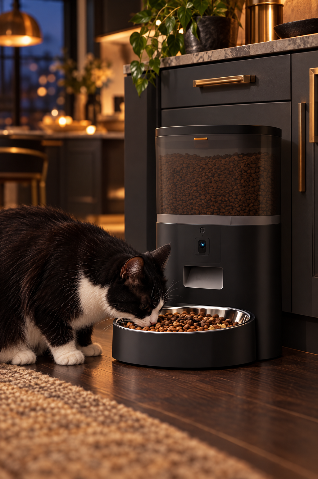 A tuxedo cat eating from the black Glance feeder
