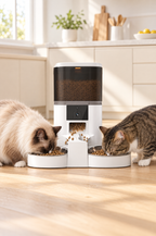 Two cats eating from the Glance camera feeder
