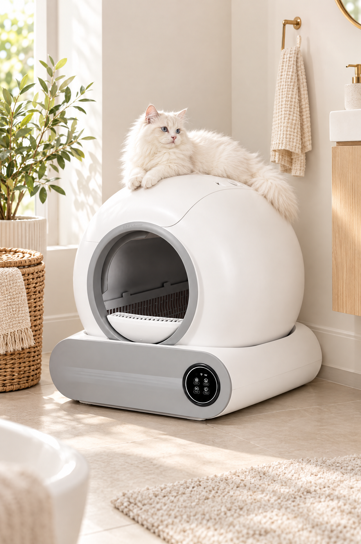 The Halo litter box in a bathroom with a cat on top