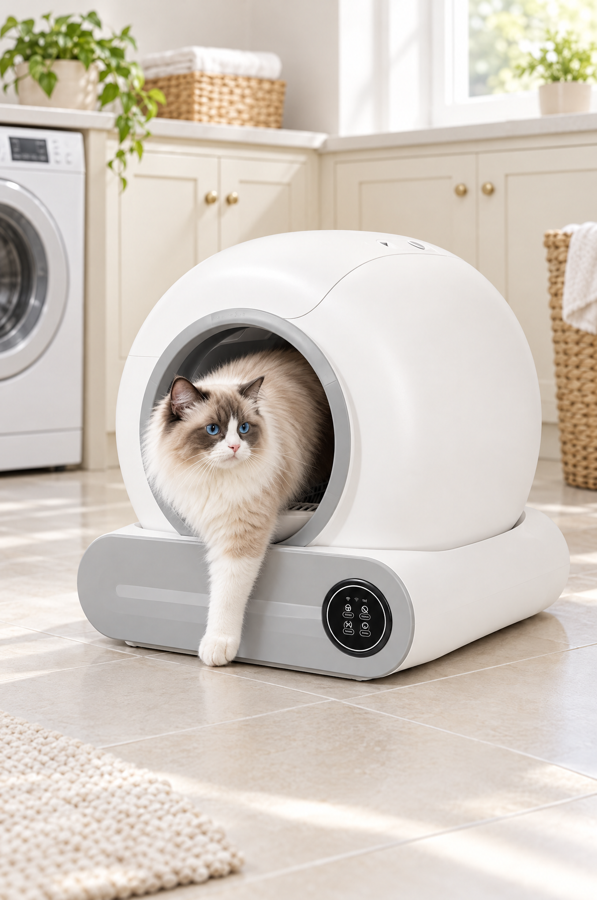 A cat stepping out of the Halo litter box