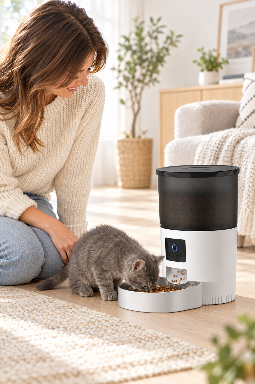 A kitten eating from the Murmur feeder