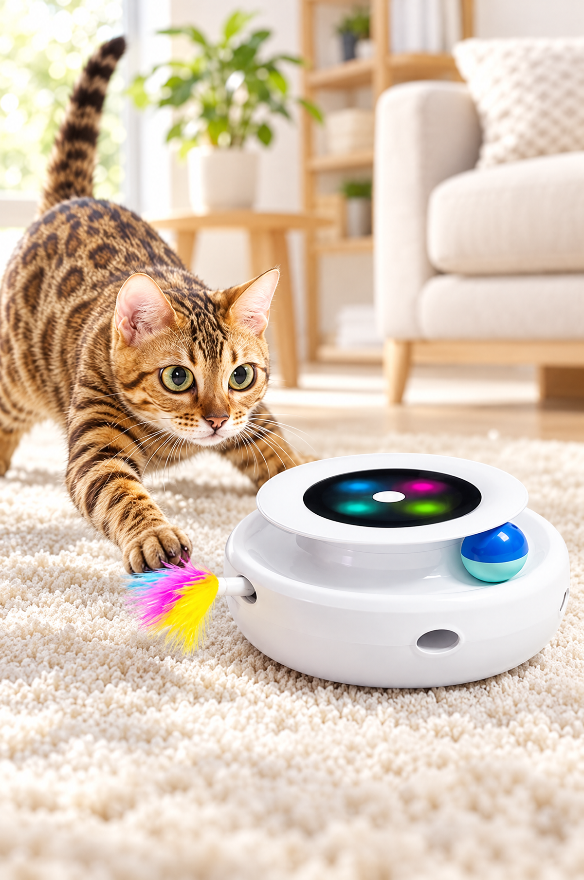 A Bengal cat pouncing on the Flutter feather