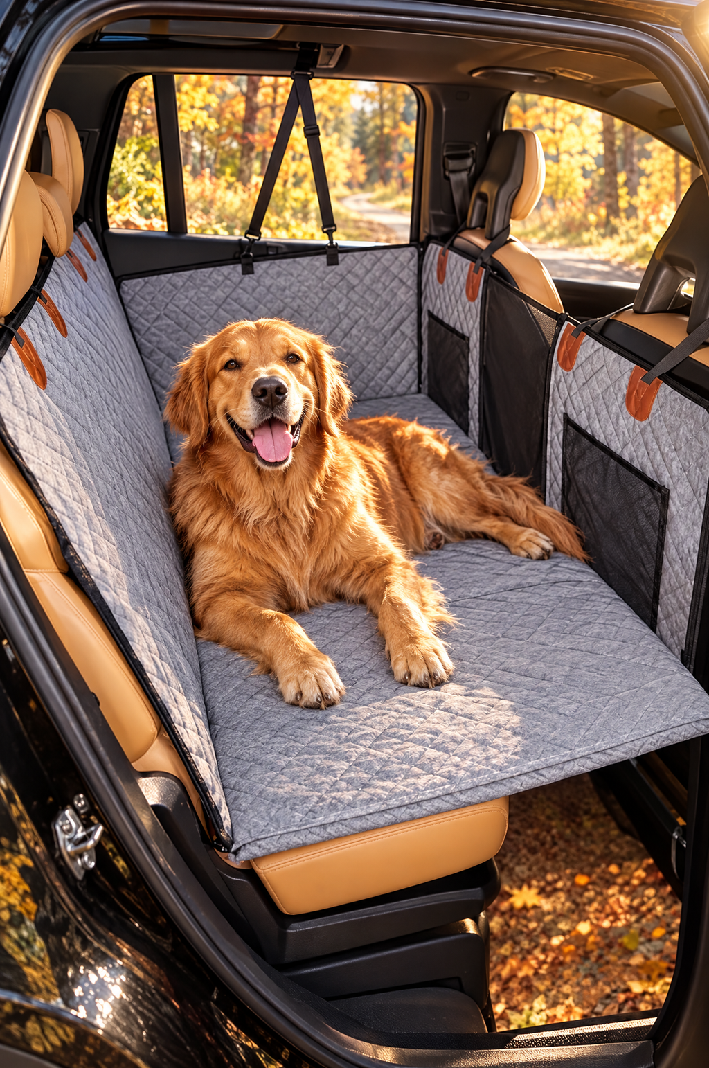 A golden retriever lying on the Roam back seat bed