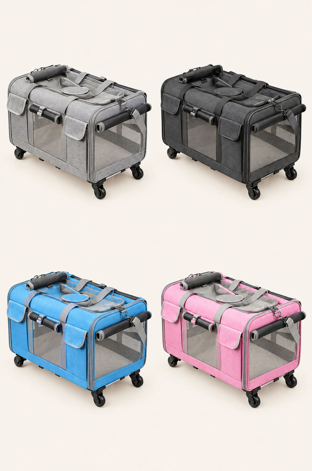 Voyage carrier in grey, black, blue and pink