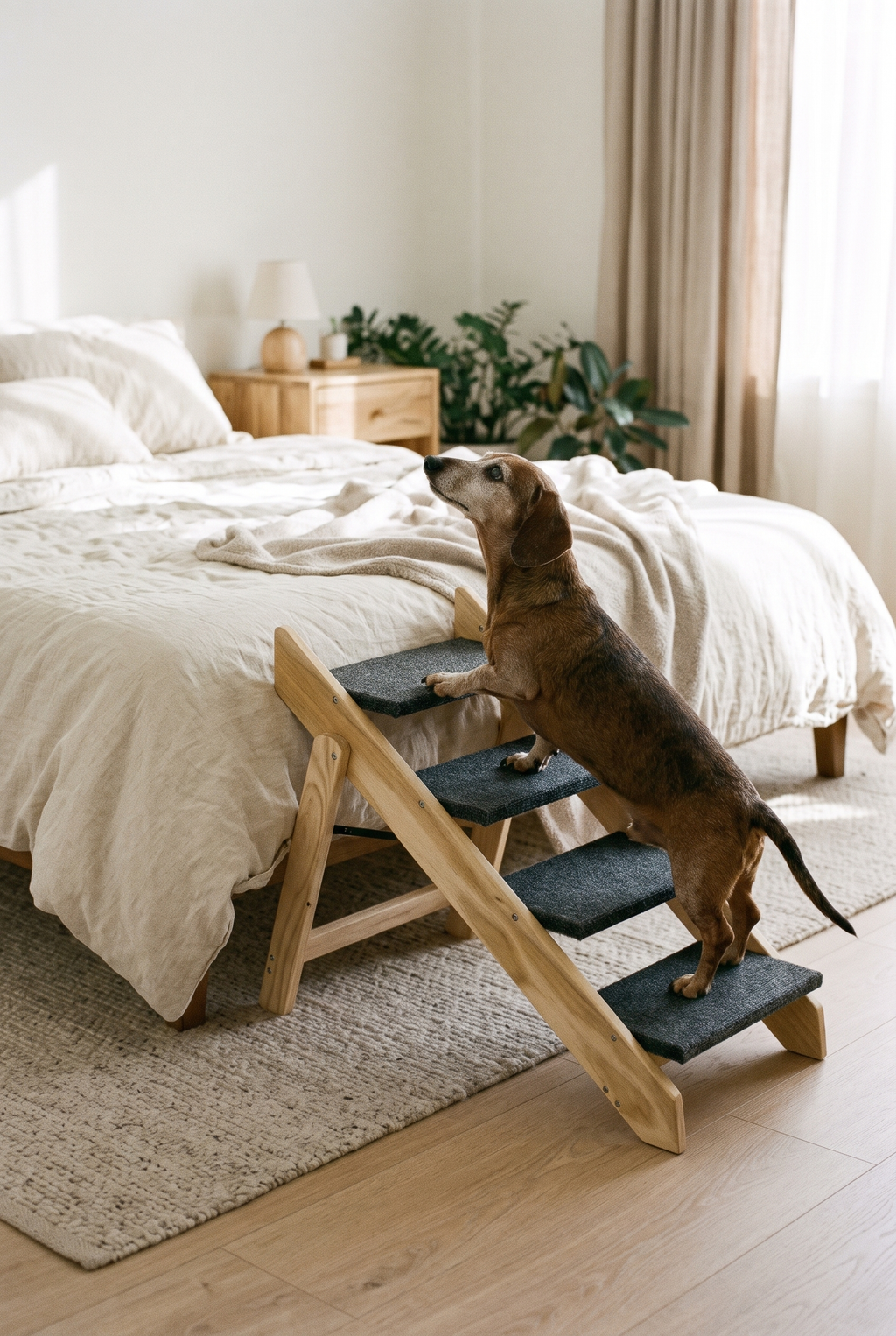 A dachshund climbing the Ascend stairs to bed