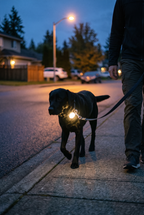 A Labrador wearing the Beacon LED collar light at dusk