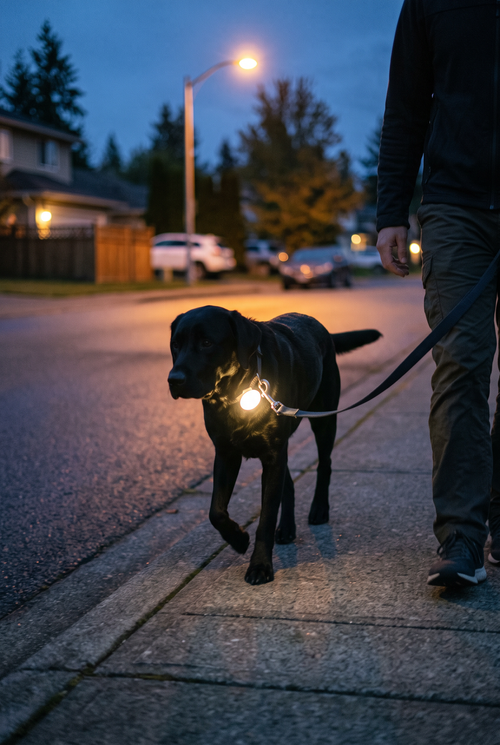 A Labrador wearing the Beacon LED collar light at dusk
