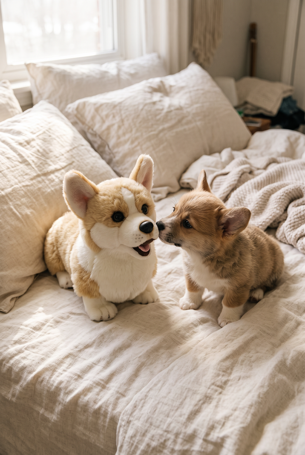 Buddy plush corgi on a bed with a puppy