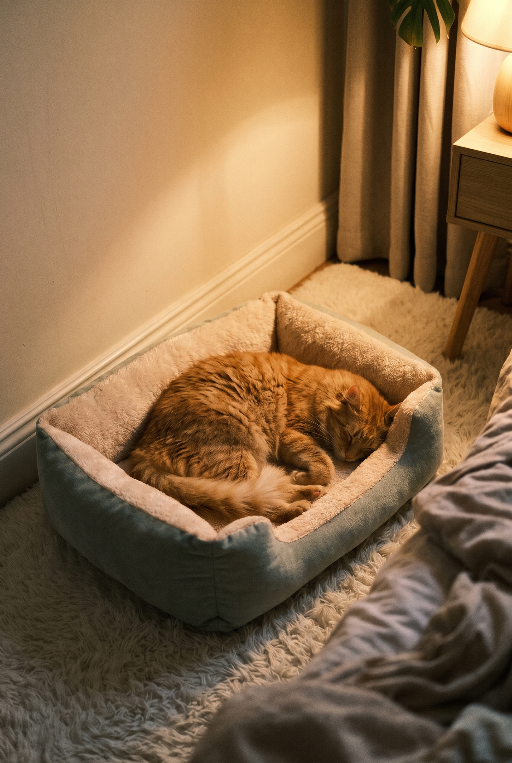 A ginger cat asleep in the Burrow plush bed