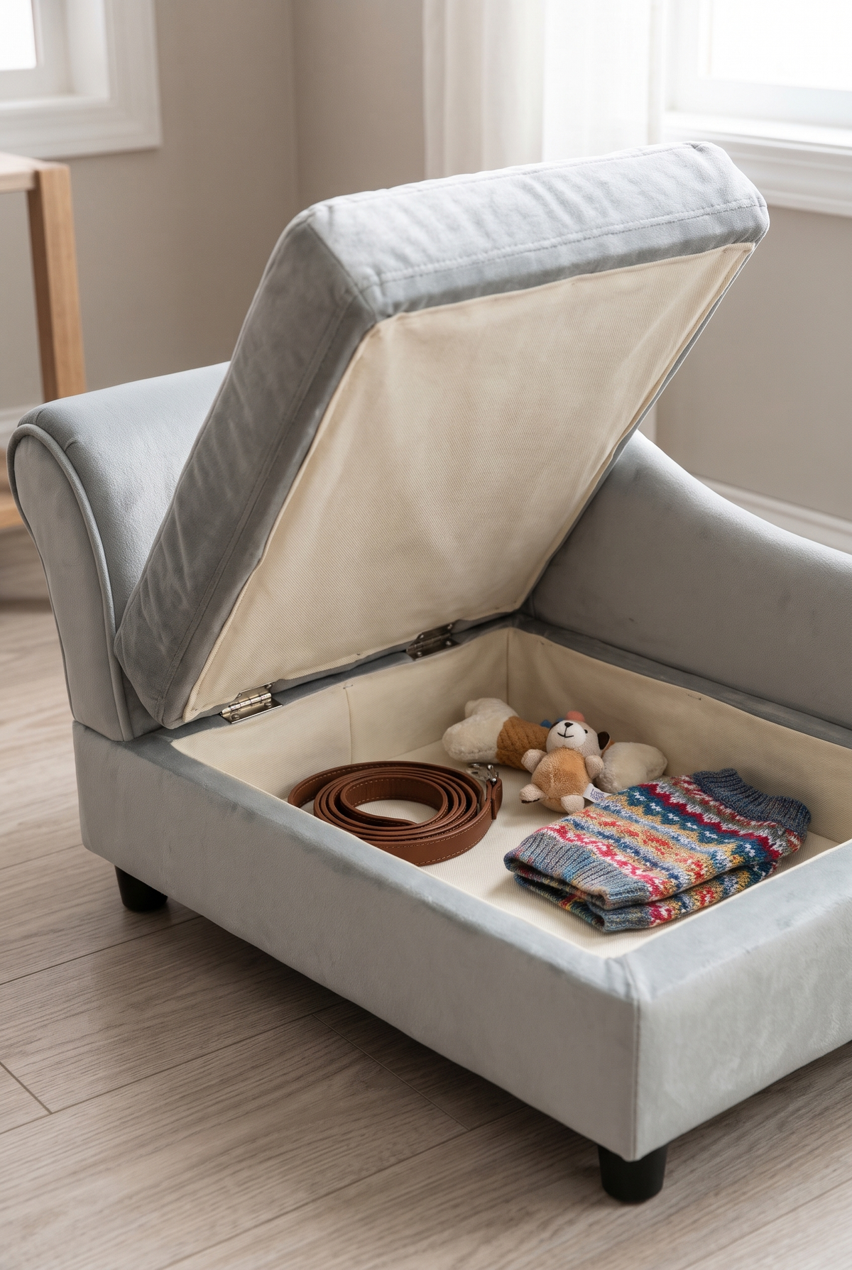 Chaise pet sofa with the seat lifted showing hidden storage