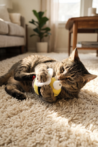 A tabby cat playing with the Chase plush bee