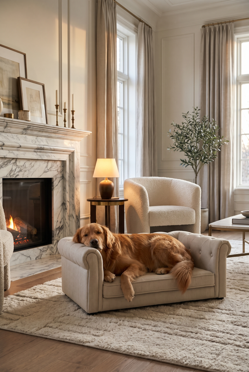 Golden retriever lounging on the Chester tufted dog sofa