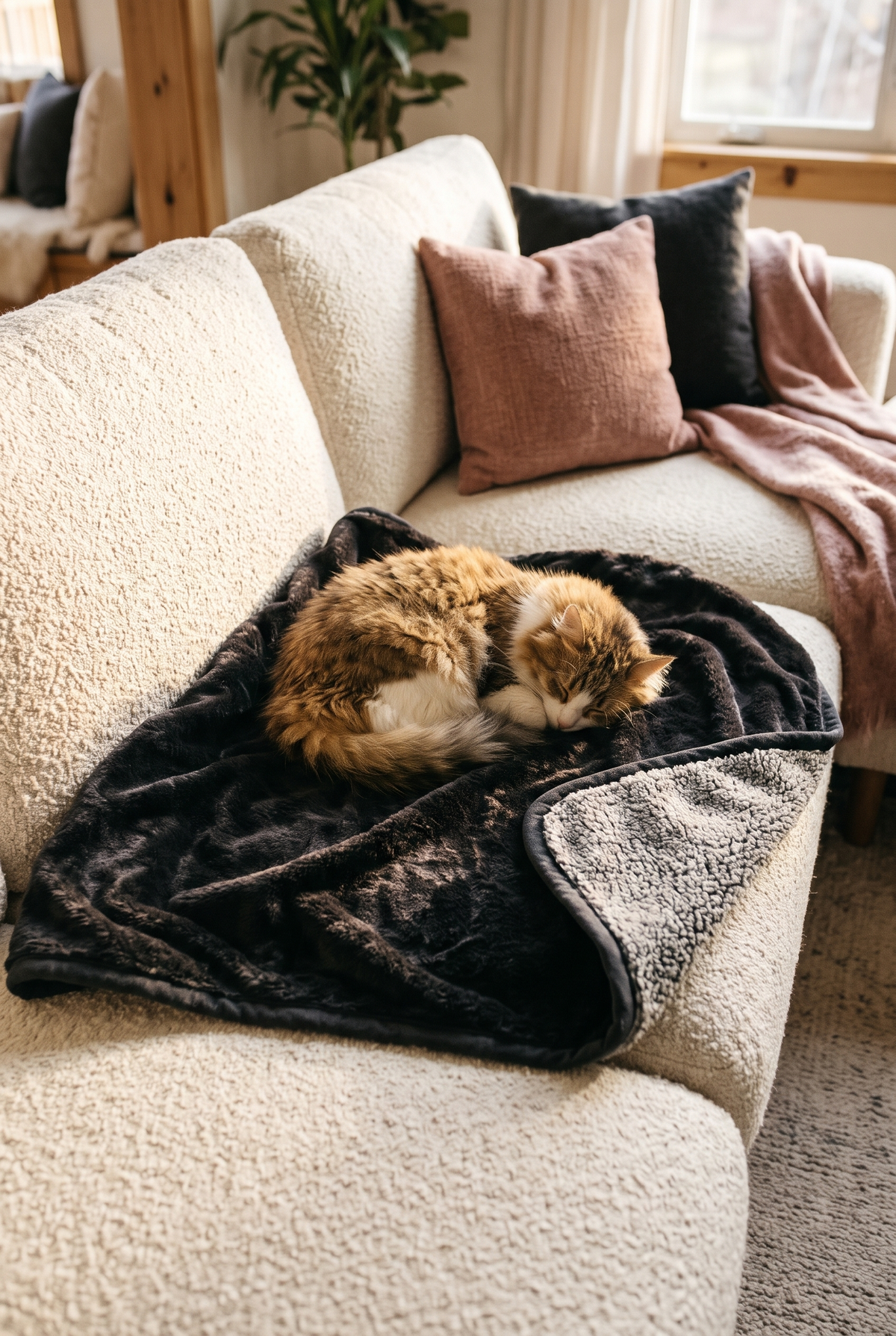 A cat asleep on the Cloud Plush Pet Blanket on a sofa
