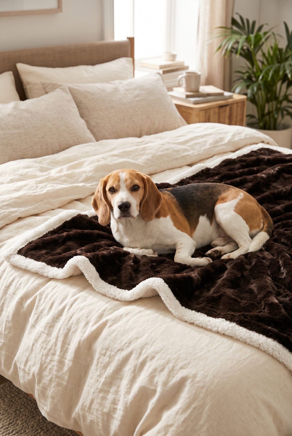 A beagle on the Cloud Plush Pet Blanket in mocha